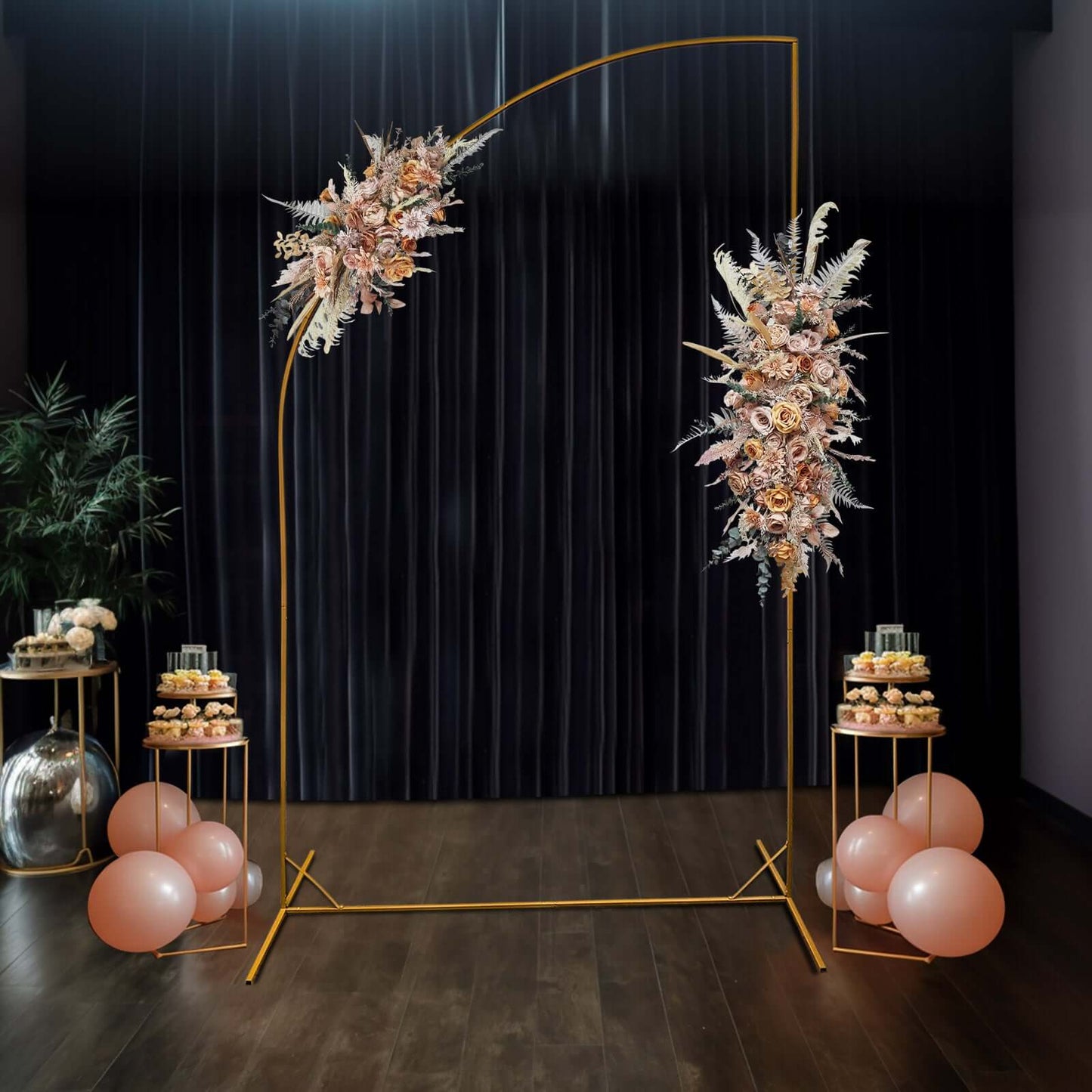 8ft Gold Metal Half Moon Floral Frame Wedding Arbor Stand, Chiara Backdrop Display Arch