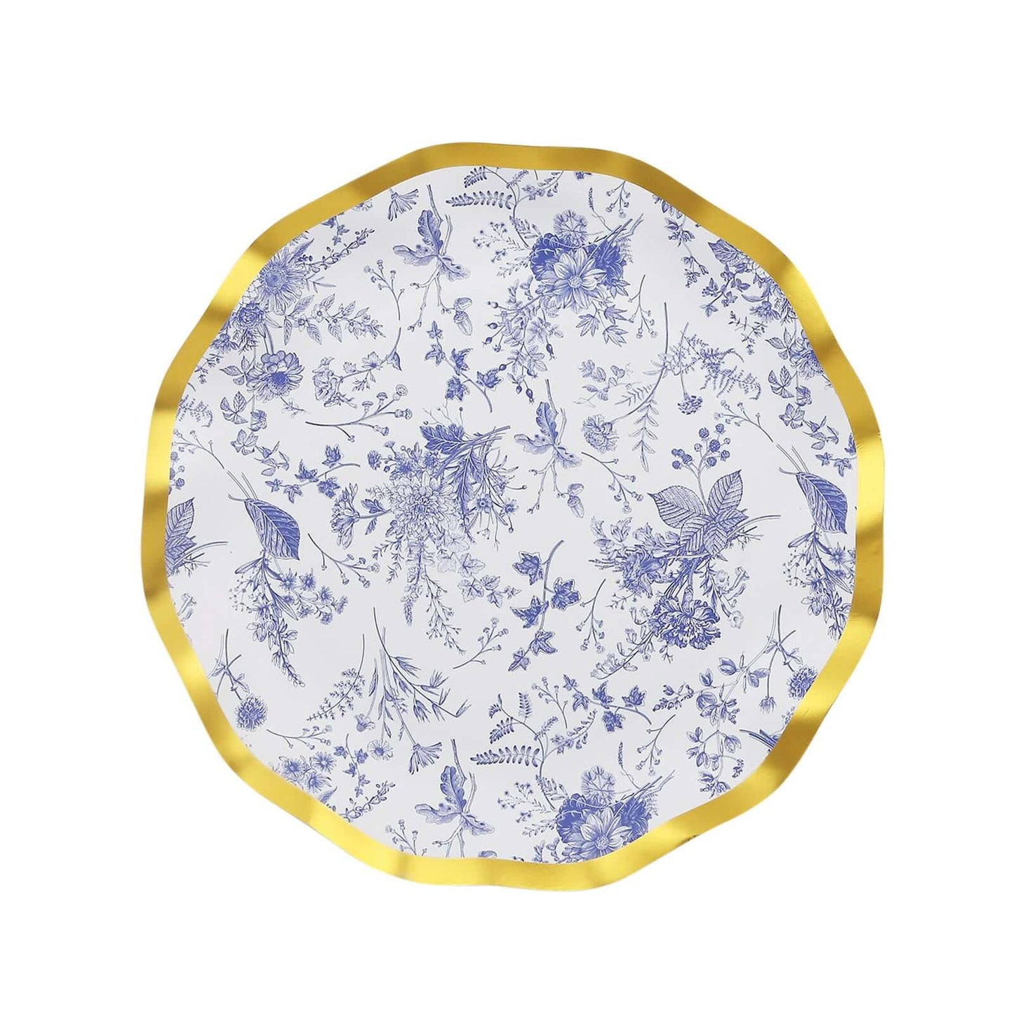 25-Pack Paper Round Dessert Plates 8" in White with Blue French Toile Pattern & Gold Wavy Rim - Disposable 350GSM Salad Plates