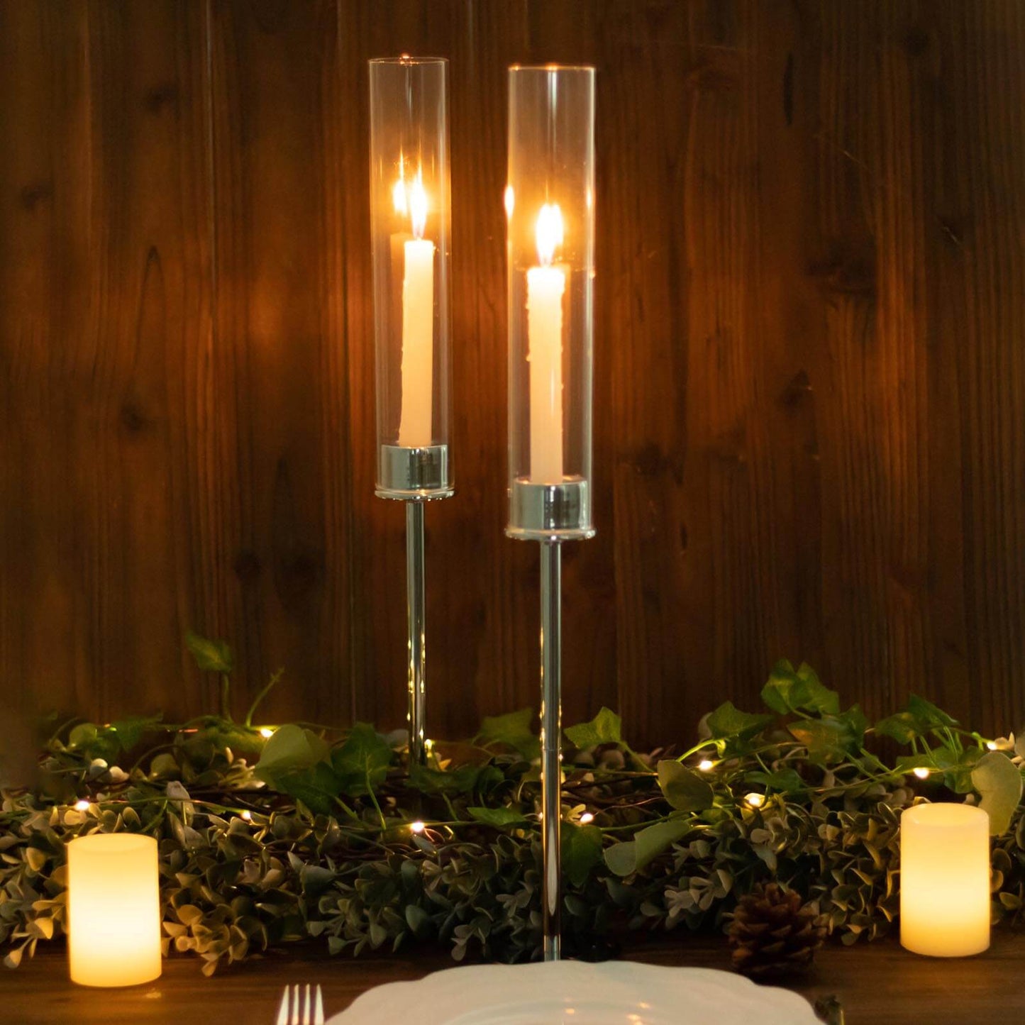 2-Pack Silver Metal Taper Candlestick Holders, Clear Glass Hurricane Candle Stands With Chimney Candle Shades 20"