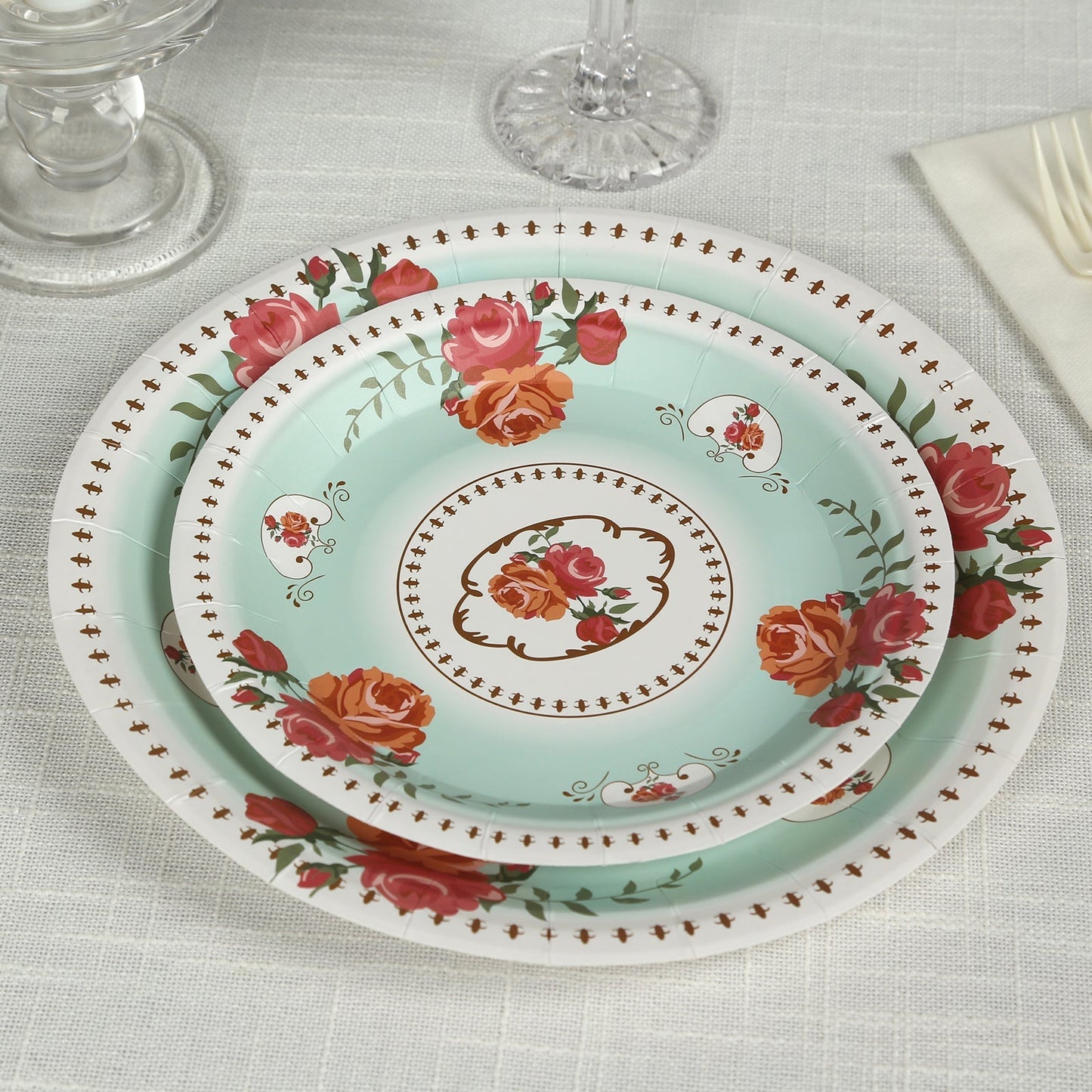 25-Pack Paper 7" Round Dessert Plates in Light Turquoise with Vintage Rose Flower Print - Disposable Appetizer Salad Plates