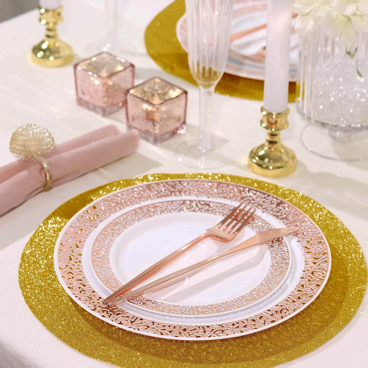 6-Pack Placemats Glitter Design Gold Sparkle Round - Non-Slip Decorative Dining Table Mats 13"