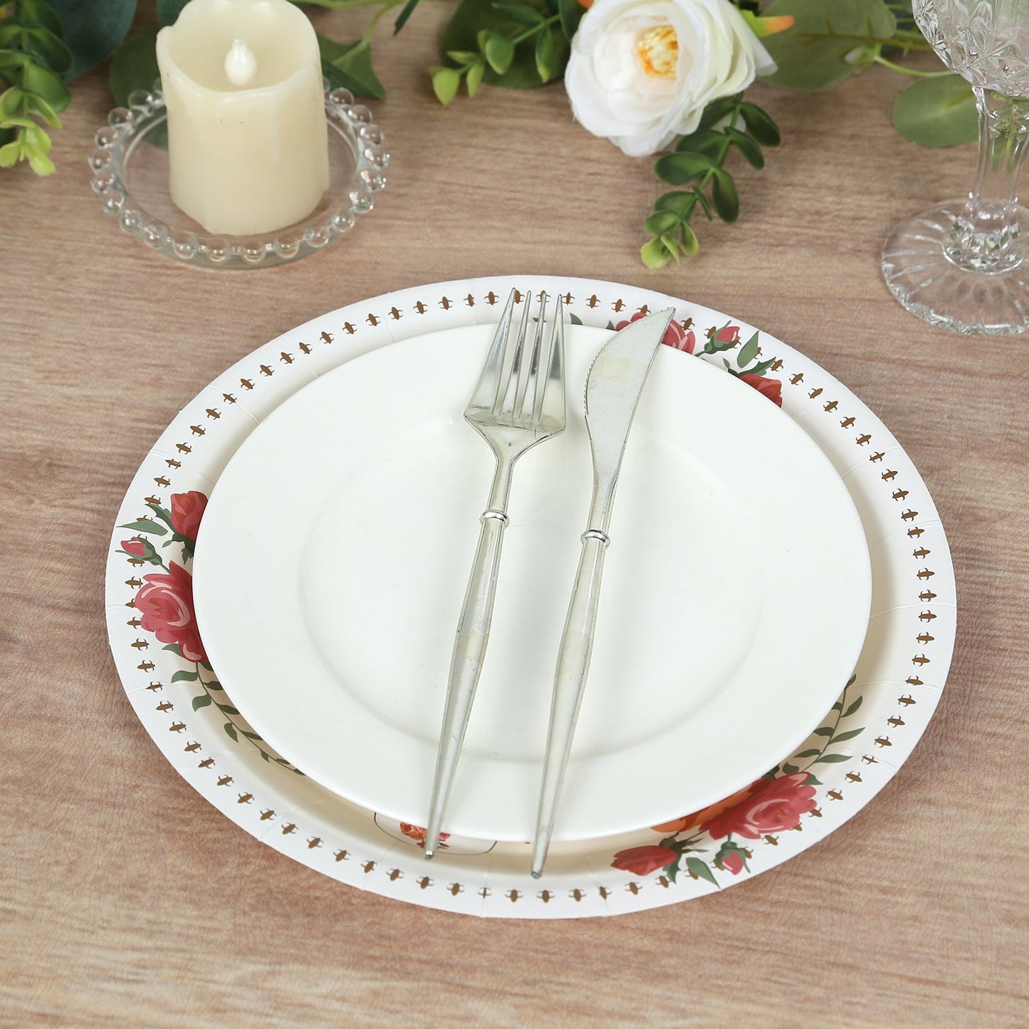25-Pack Paper 9" Round Dinner Plates in Ivory with Vintage Rose Flower Print - Disposable Plates for High Tea Gatherings & Romantic Celebrations
