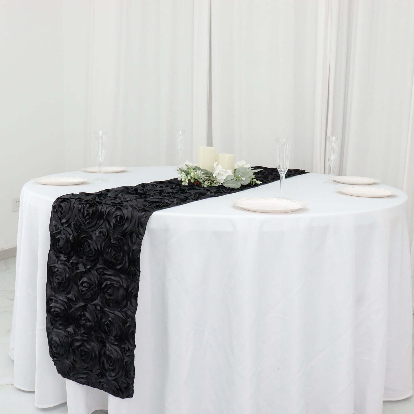 Rosette Satin 14"x108" Table Runner Black - Grandiose Design - Linen Luxes