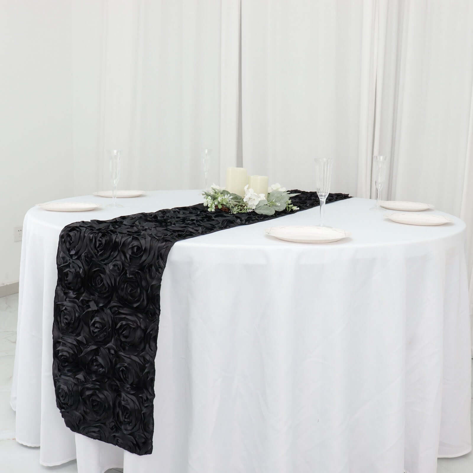 Rosette Satin 14"x108" Table Runner Black - Grandiose Design - Linen Luxes