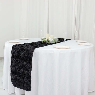 Rosette Satin 14"x108" Table Runner Black - Grandiose Design - Linen Luxes
