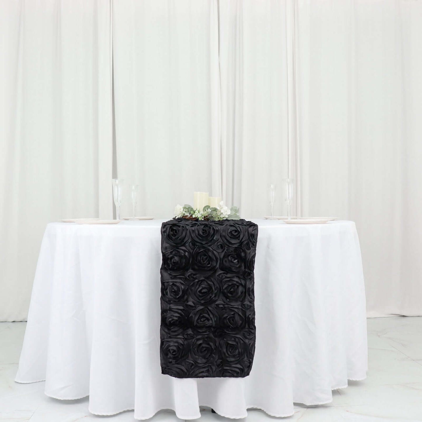 Rosette Satin 14"x108" Table Runner Black - Grandiose Design - Linen Luxes