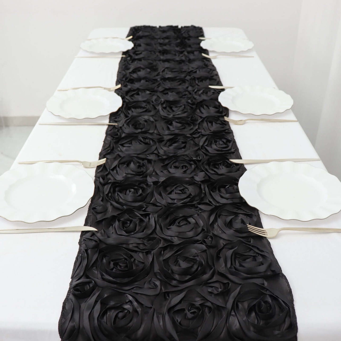 Rosette Satin 14"x108" Table Runner Black - Grandiose Design - Linen Luxes