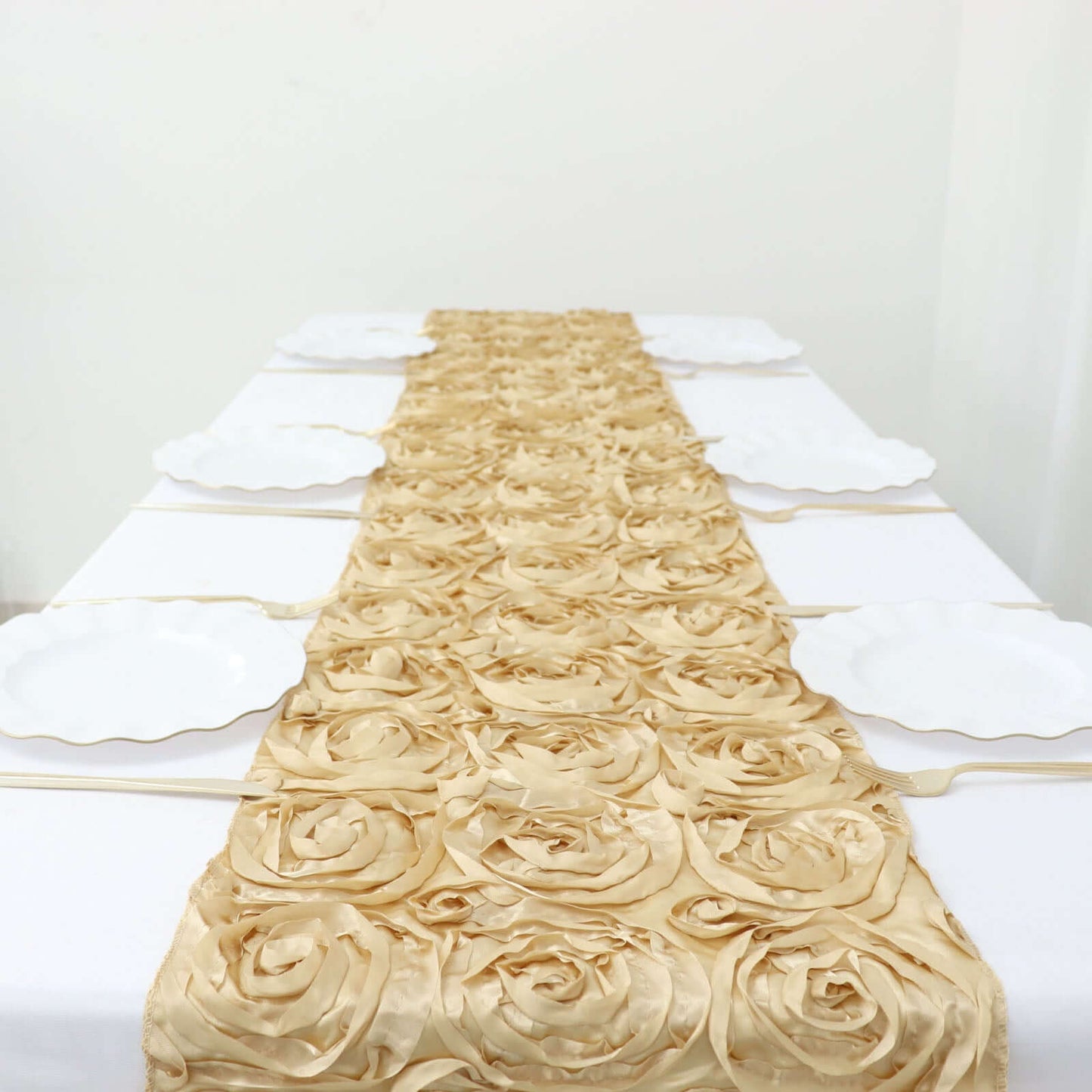 Rosette Satin 14"x108" Table Runner Champagne - Grandiose Design - Linen Luxes
