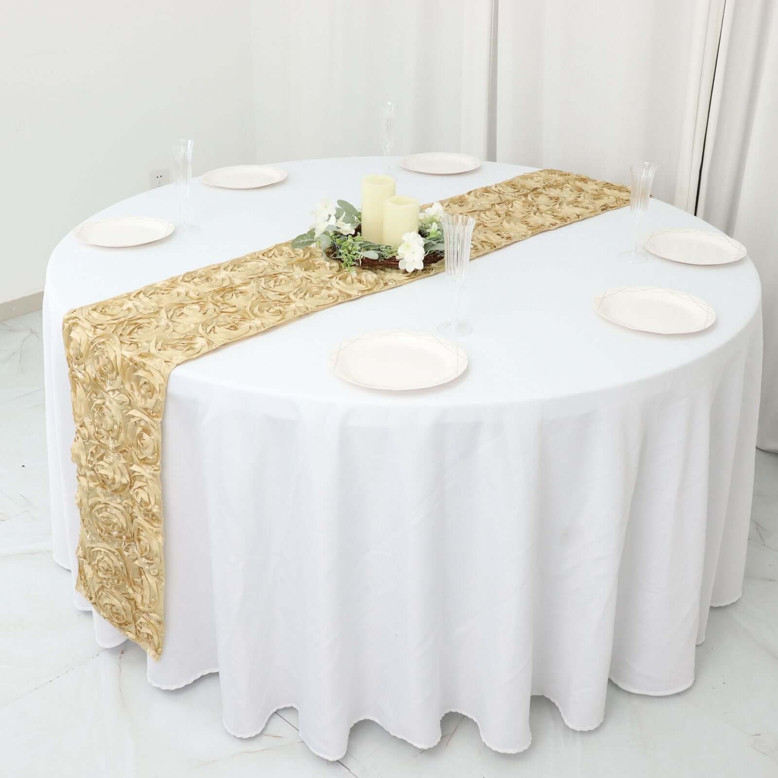 Rosette Satin 14"x108" Table Runner Champagne - Grandiose Design - Linen Luxes