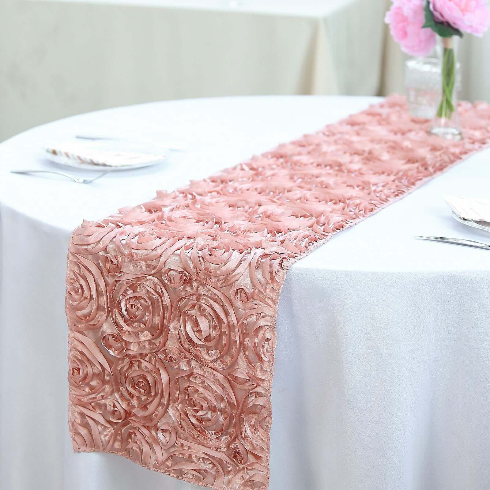 Rosette Satin 14"x108" Table Runner Dusty Rose - Grandiose Design - Linen Luxes