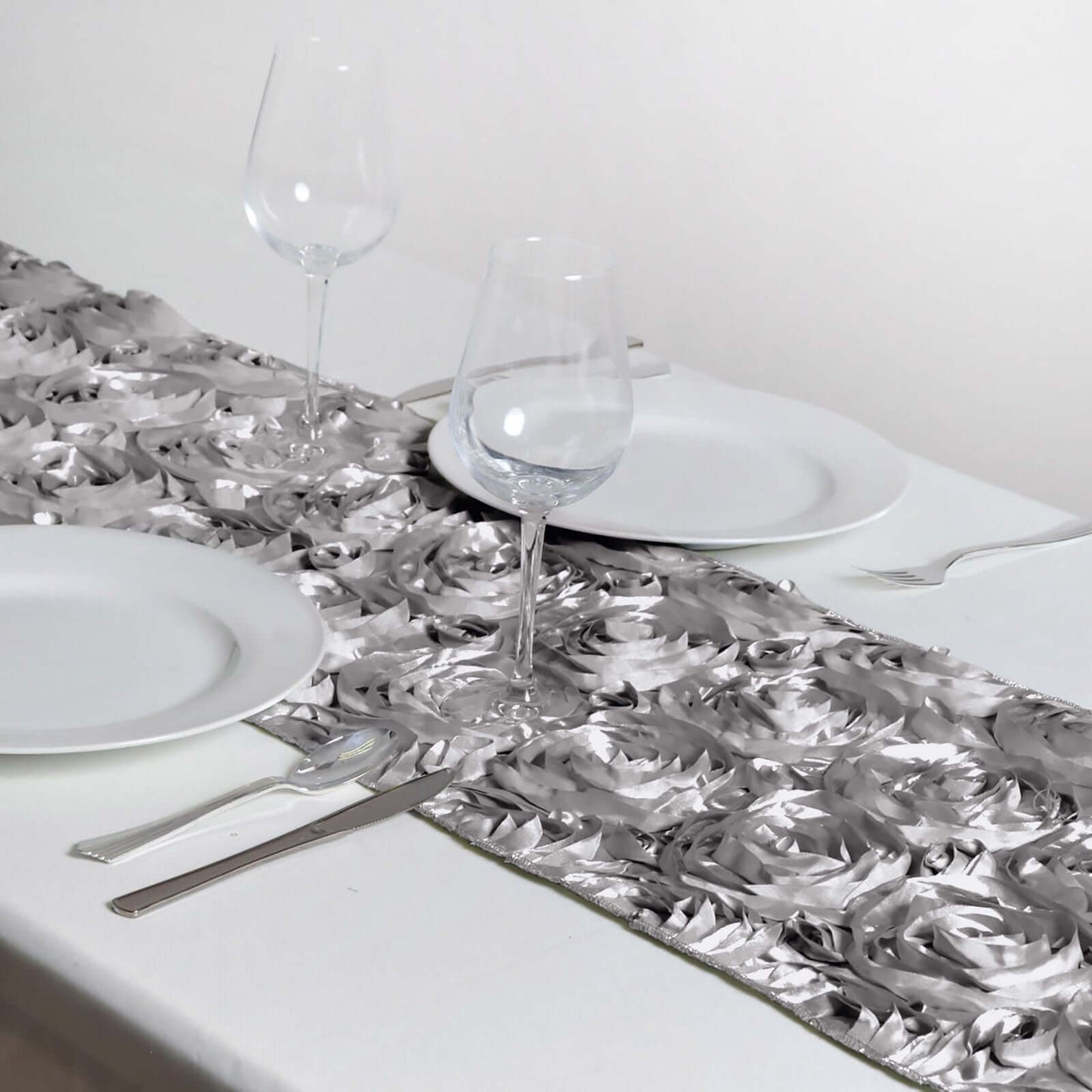 Rosette Satin 14"x108" Table Runner Silver - Grandiose Design - Linen Luxes