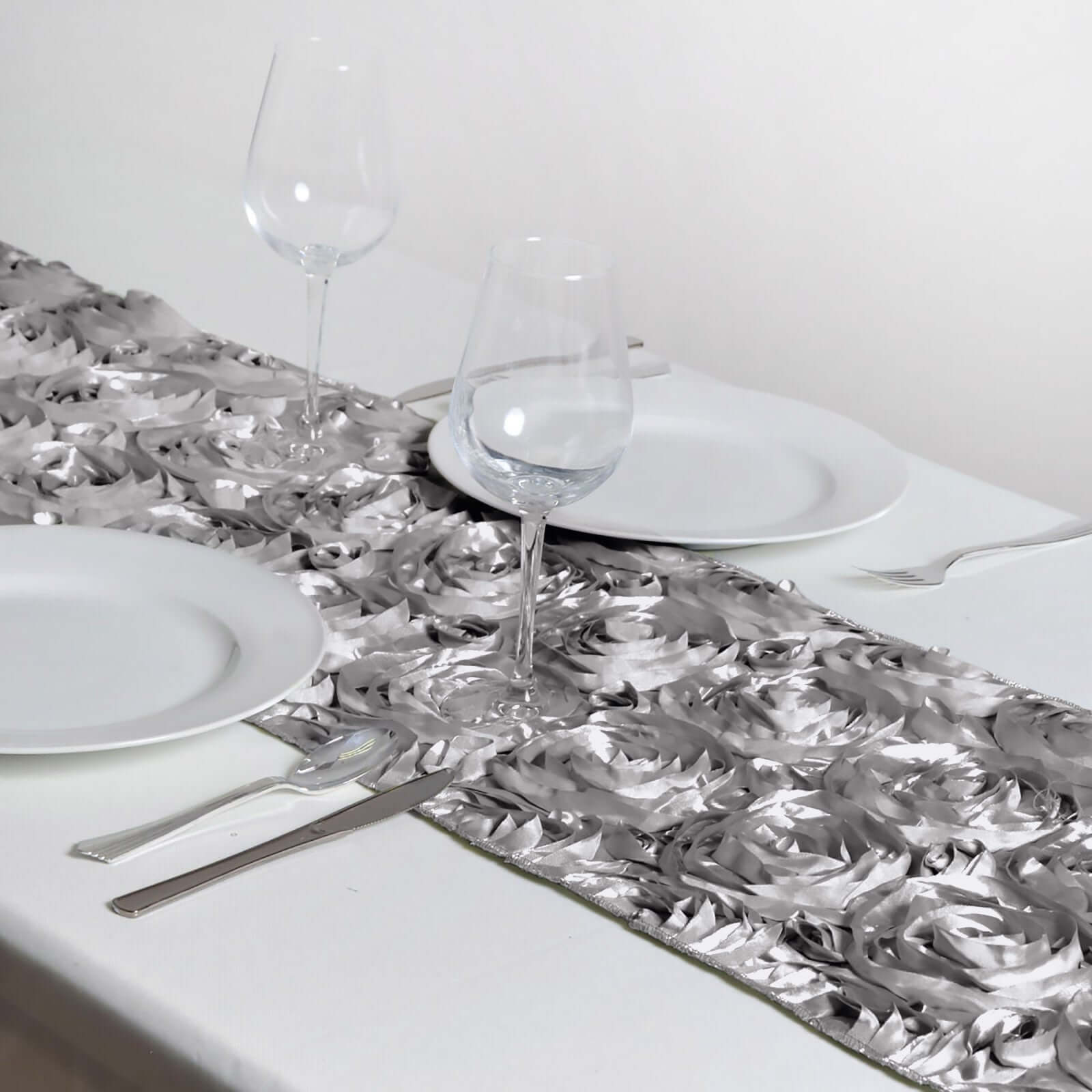 Rosette Satin 14"x108" Table Runner Silver - Grandiose Design - Linen Luxes