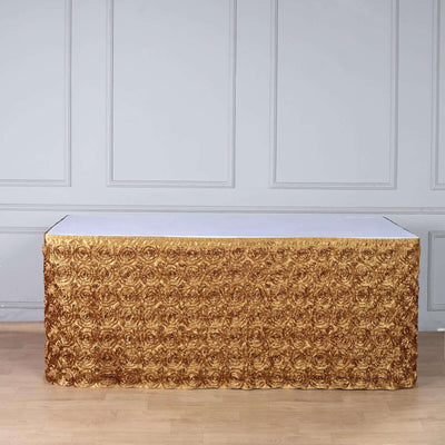 Rosette Satin 21ft Table Skirt Gold - 3D Floral Table Cover - Linen Luxes