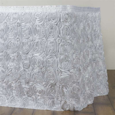 Rosette Satin 21ft Table Skirt White 3D Floral Design - Sophisticated Event & Wedding Table Cover - Linen Luxes