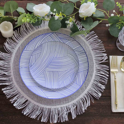 10-Pack Plastic 7" Round Dessert Plates in White with Blue Wave Brush Strokes Pattern - Disposable Appetizer Salad Plates