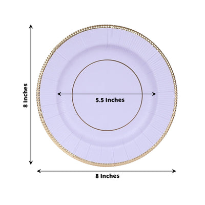 25-Pack Paper 8" Round Dessert Plates in Lavender Lilac Sunray Design with Gold Rim - Disposable Heavy Duty 350GSM Appetizer Salad Plates