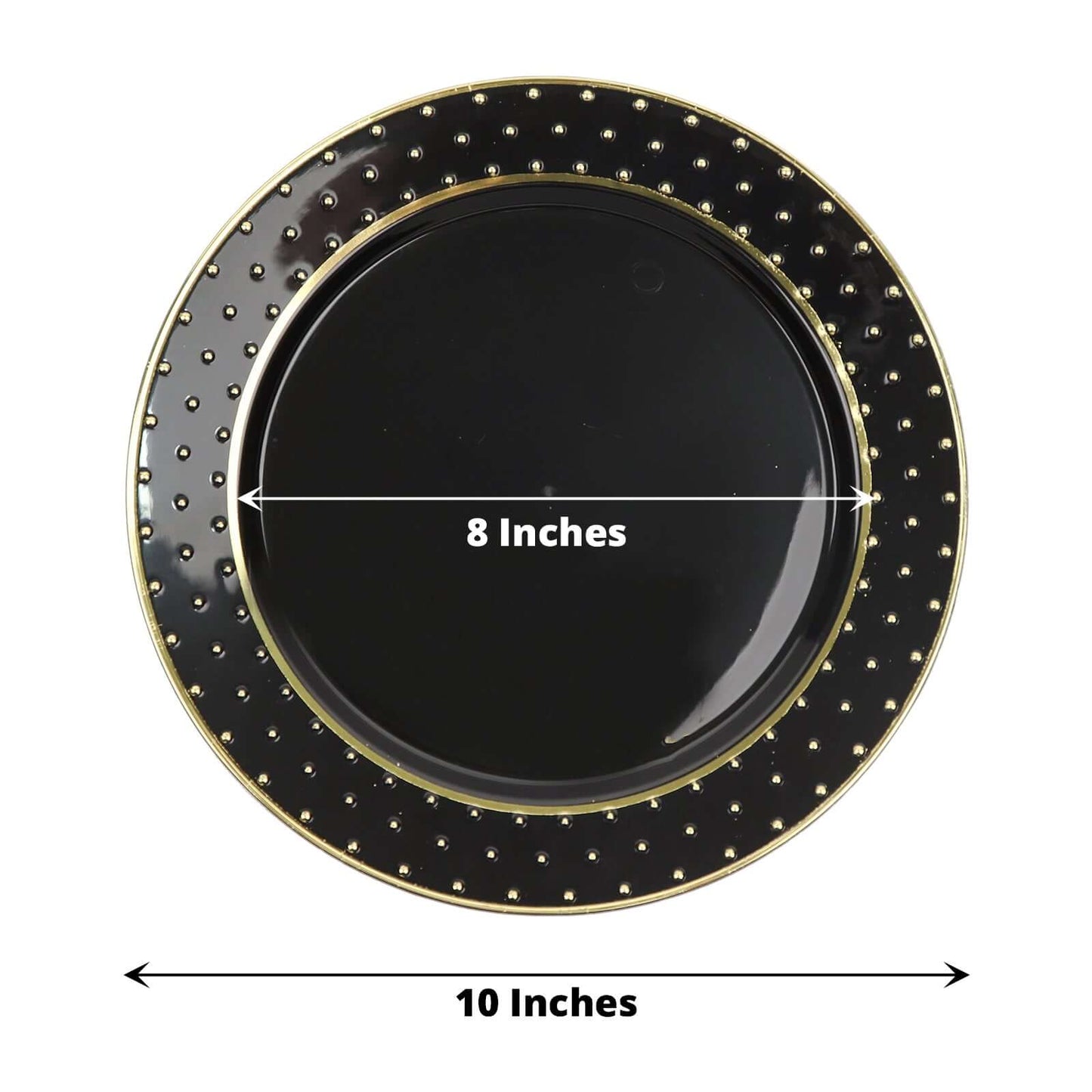 10-Pack Plastic 10" Round Dinner Plates in Black with Gold 3D Polka Dotted Rim - Sturdy Disposable Party Plates for Modern Themed Events & Banquets