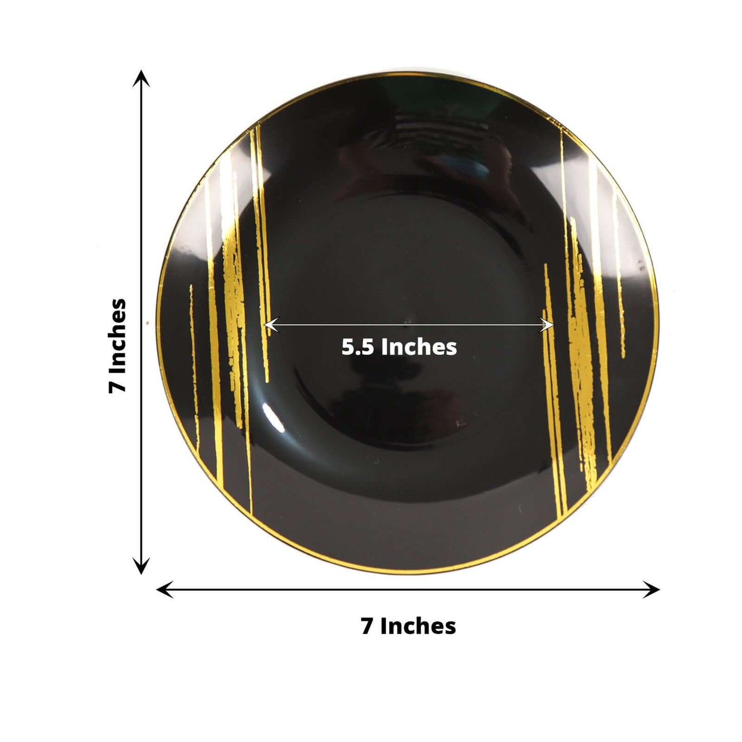 10-Pack Plastic 7" Round Dessert Plates in Black with Gold Brush Stroked Print - Disposable Appetizer Salad Plates for Modern Themed Events & Banquets