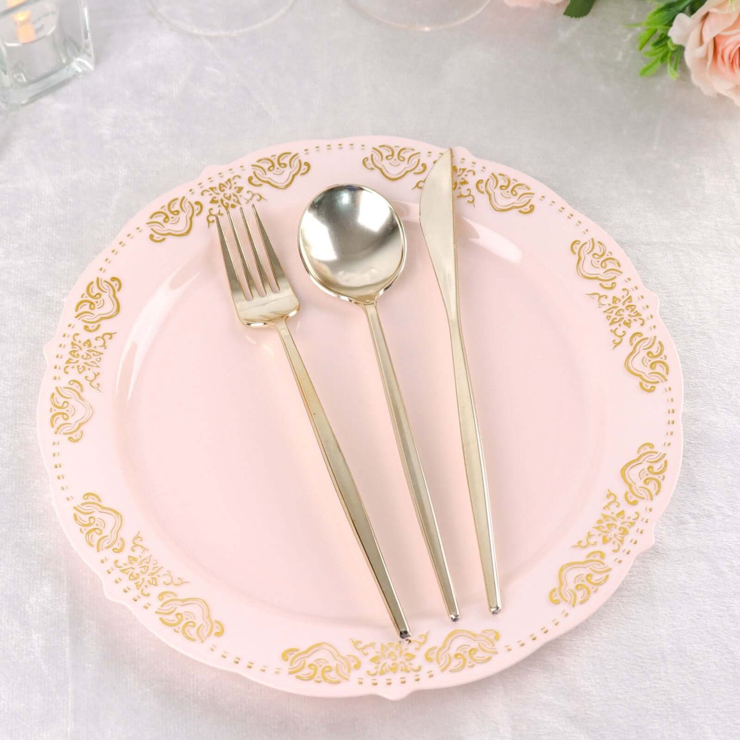 10-Pack Plastic 10" Round Dinner Plates in Blush with Gold Embossed Scalloped Edge - Chic Disposable Party Plates for Special Occasions & Banquets