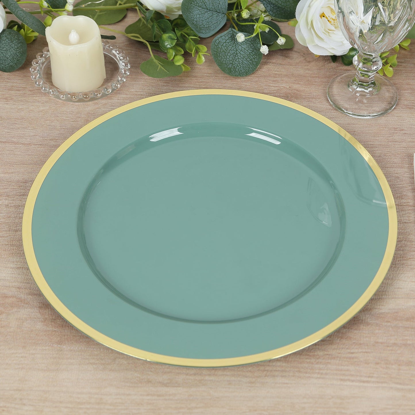 10-Pack Economy Plastic Round Charger Plates 12" in Dusty Sage Green with Wide Gold Rim, Decorative Dinner Party Serving Plates