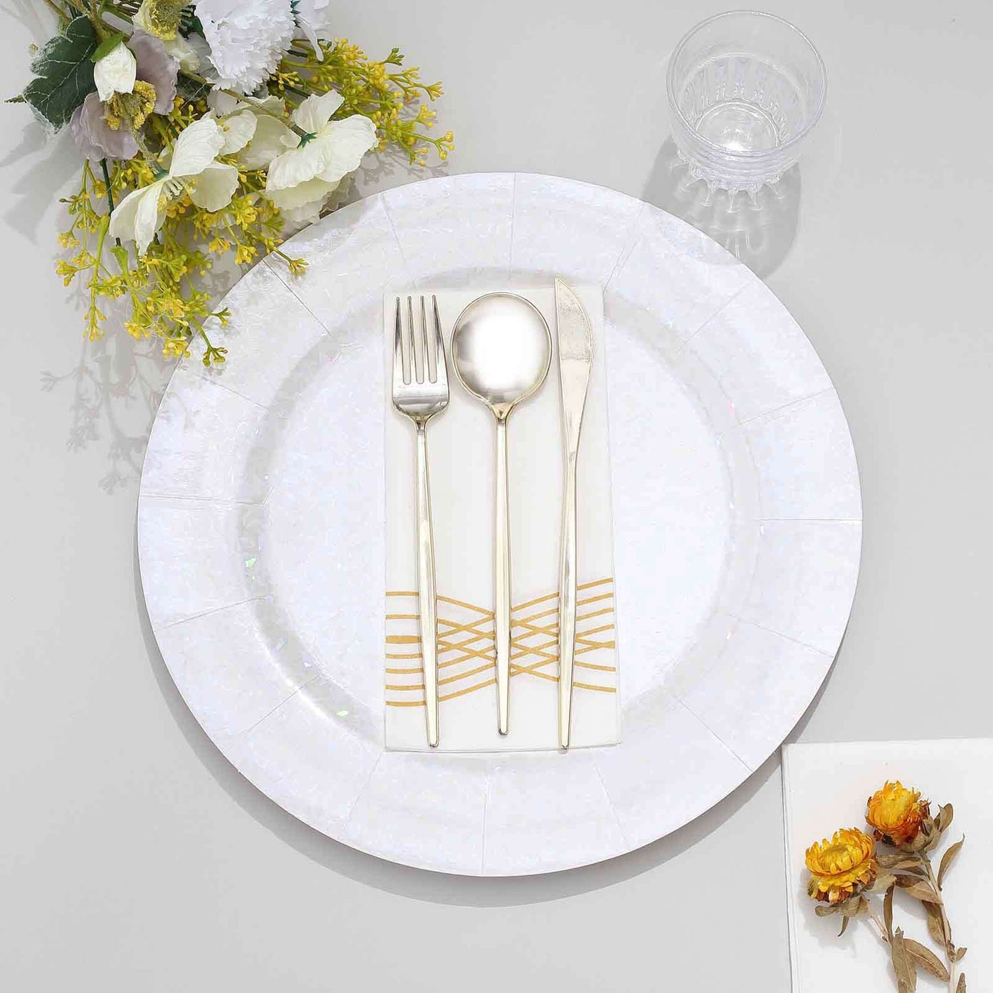 10-Pack Disposable Round Charger Plates in Iridescent with Leathery Texture - Durable 1100GSM Cardboard Placemats 13"