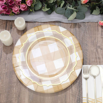 10-Pack Disposable Paper Charger Plates â€“ Gold/White Buffalo Plaid 13" Round Table Chargers, 350 GSM Cardstock
