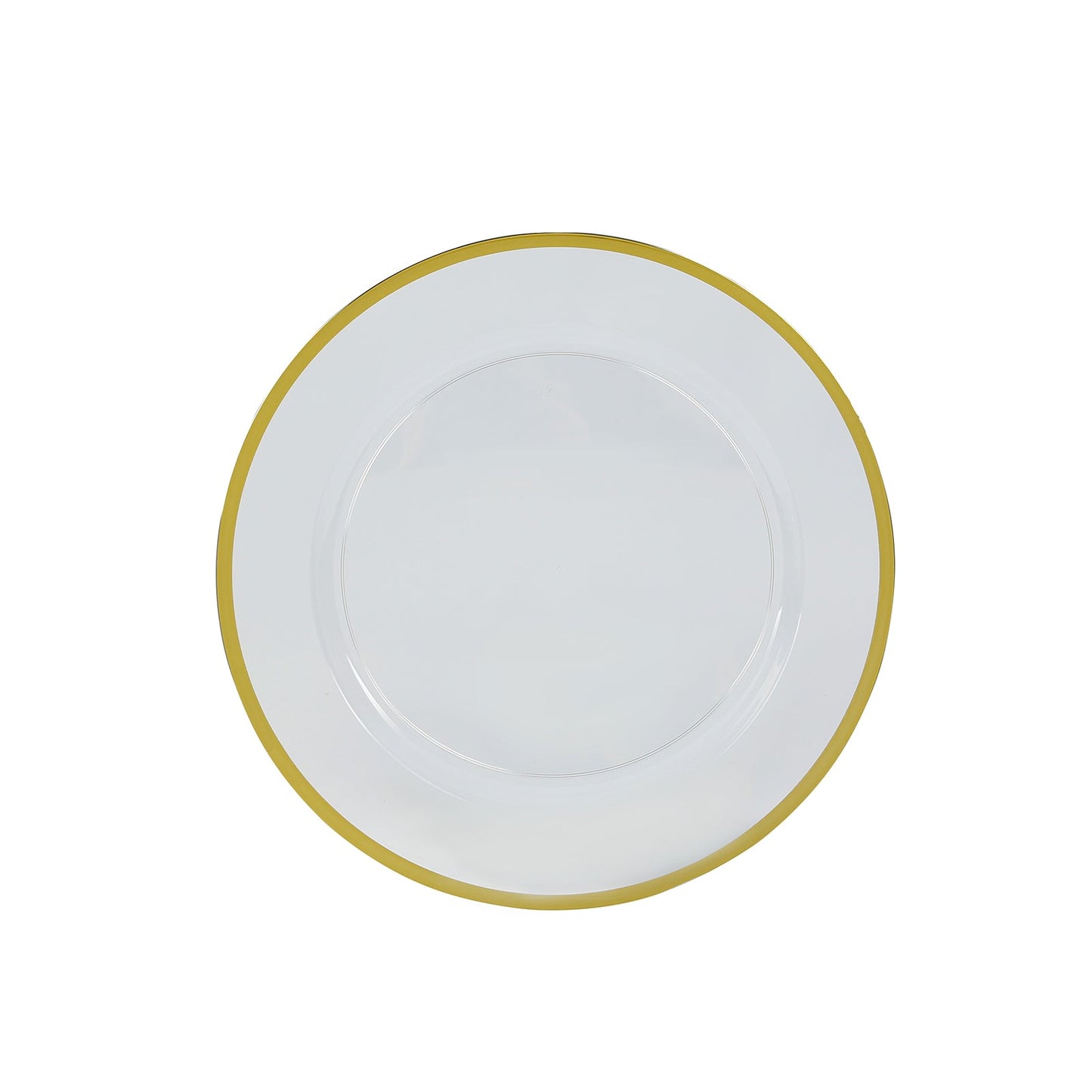 10-Pack Economy Plastic Round Charger Plates 12" in Clear with Wide Gold Rim, Decorative Dinner Party Serving Plates