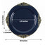 10-Pack Plastic 10" Round Dinner Plates in Navy Blue with Gold Leaf Embossed Rim - Disposable Vintage Baroque Style Plates