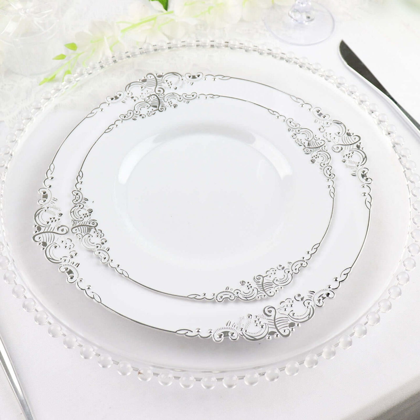 10-Pack Plastic 10" Round Dinner Plates in White with Silver Leaf Embossed Rim - Disposable Vintage Baroque Style Plates