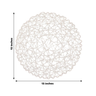 6-Pack Table Placemats Woven Fiber Design White Round - Disposable Mats for Dining and Events 15"