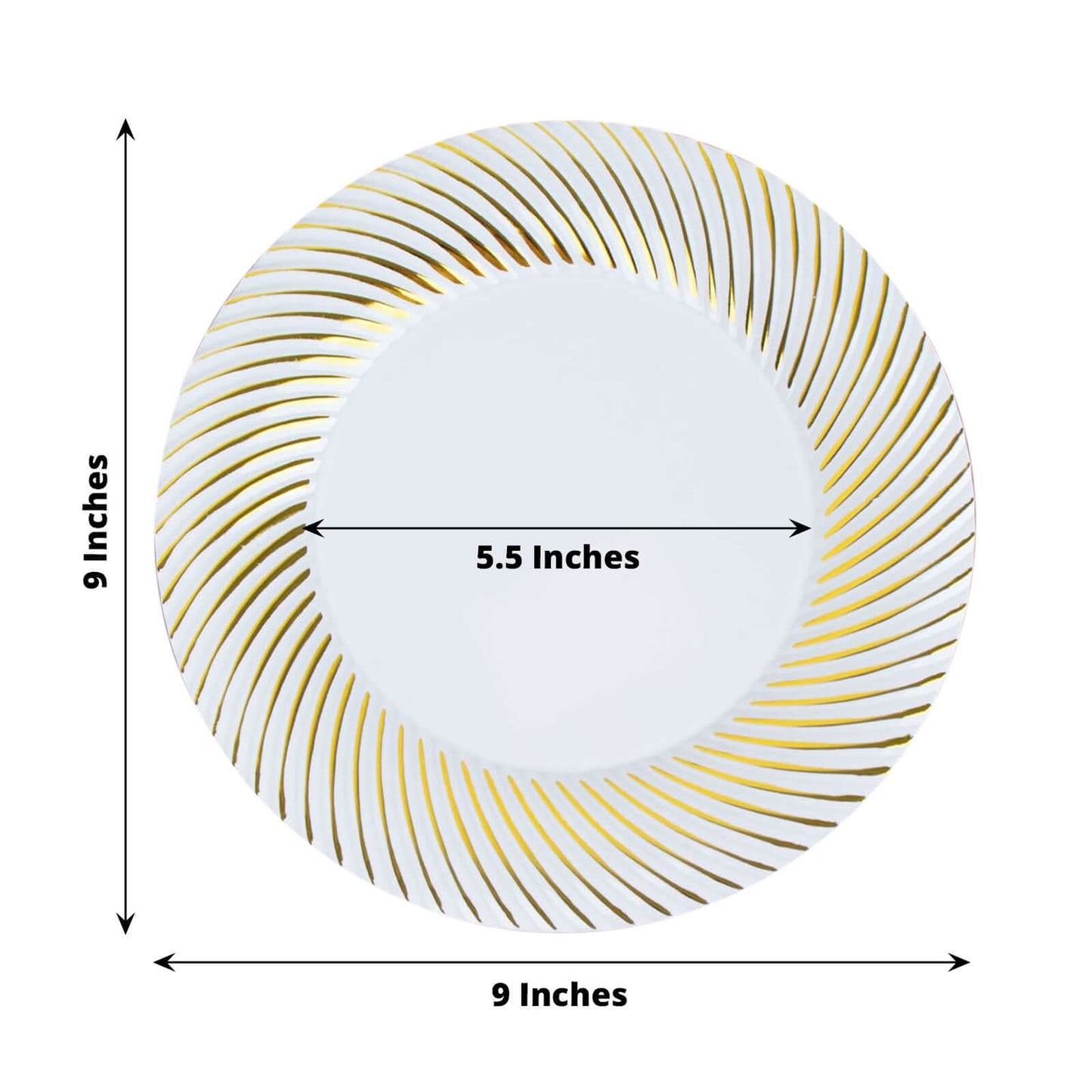 10-Pack Plastic 9" Round Dinner Plates White with Gold Swirl Rim - Disposable Party Plates