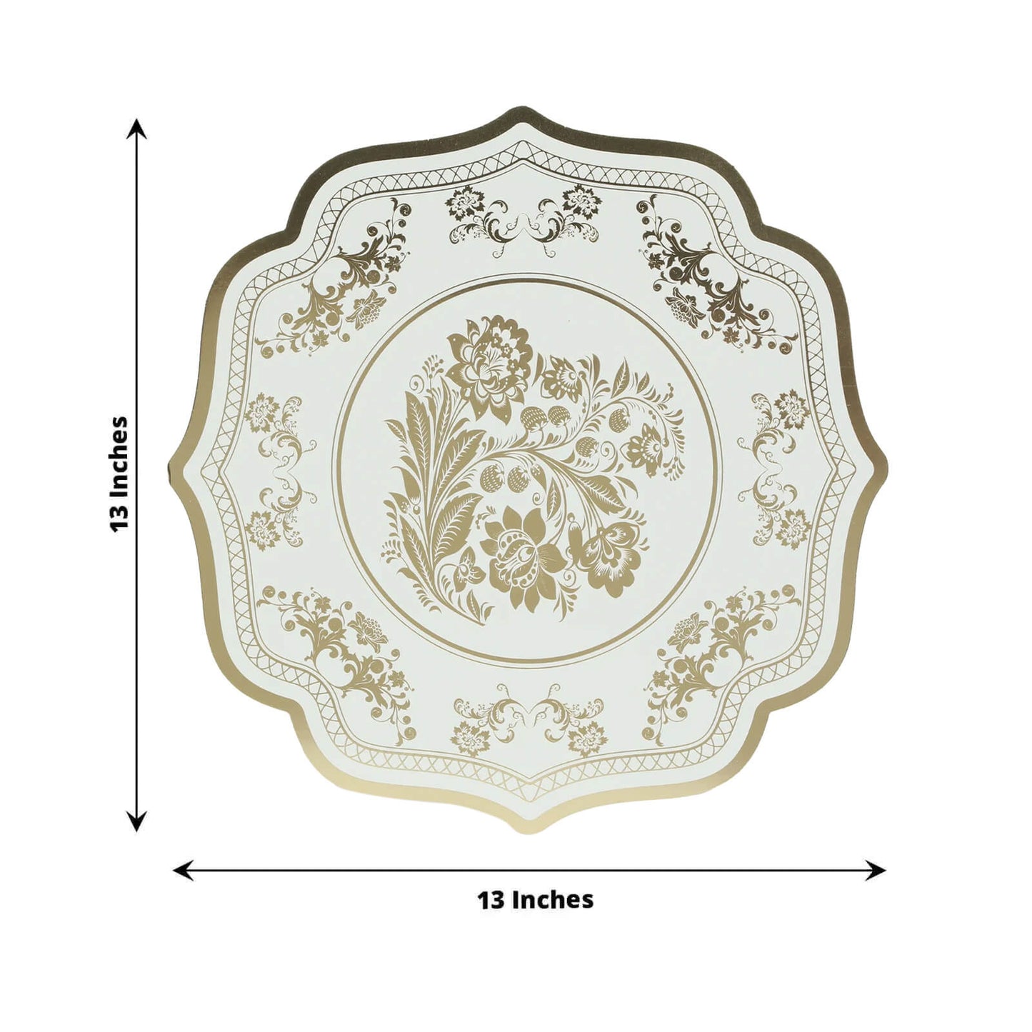 10 Pack Cardboard Paper Table Mats with White Gold Damask Floral Pattern, 13" Round Disposable Placemats with Scalloped Rim - 400 GSM