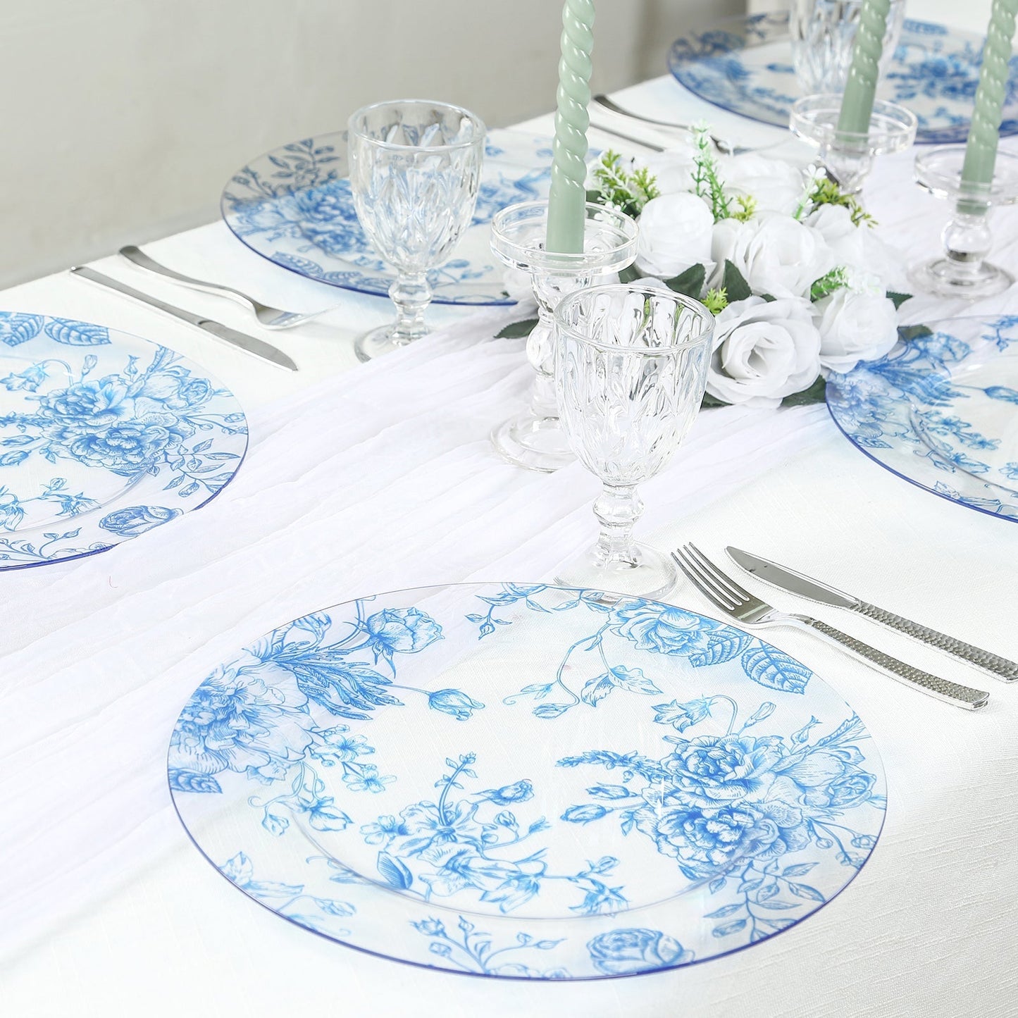 6 Pack Round Floral Acrylic Charger Plates in French Toile Pattern, 13" Clear Light Blue Dinner Charger Event Tabletop Decor