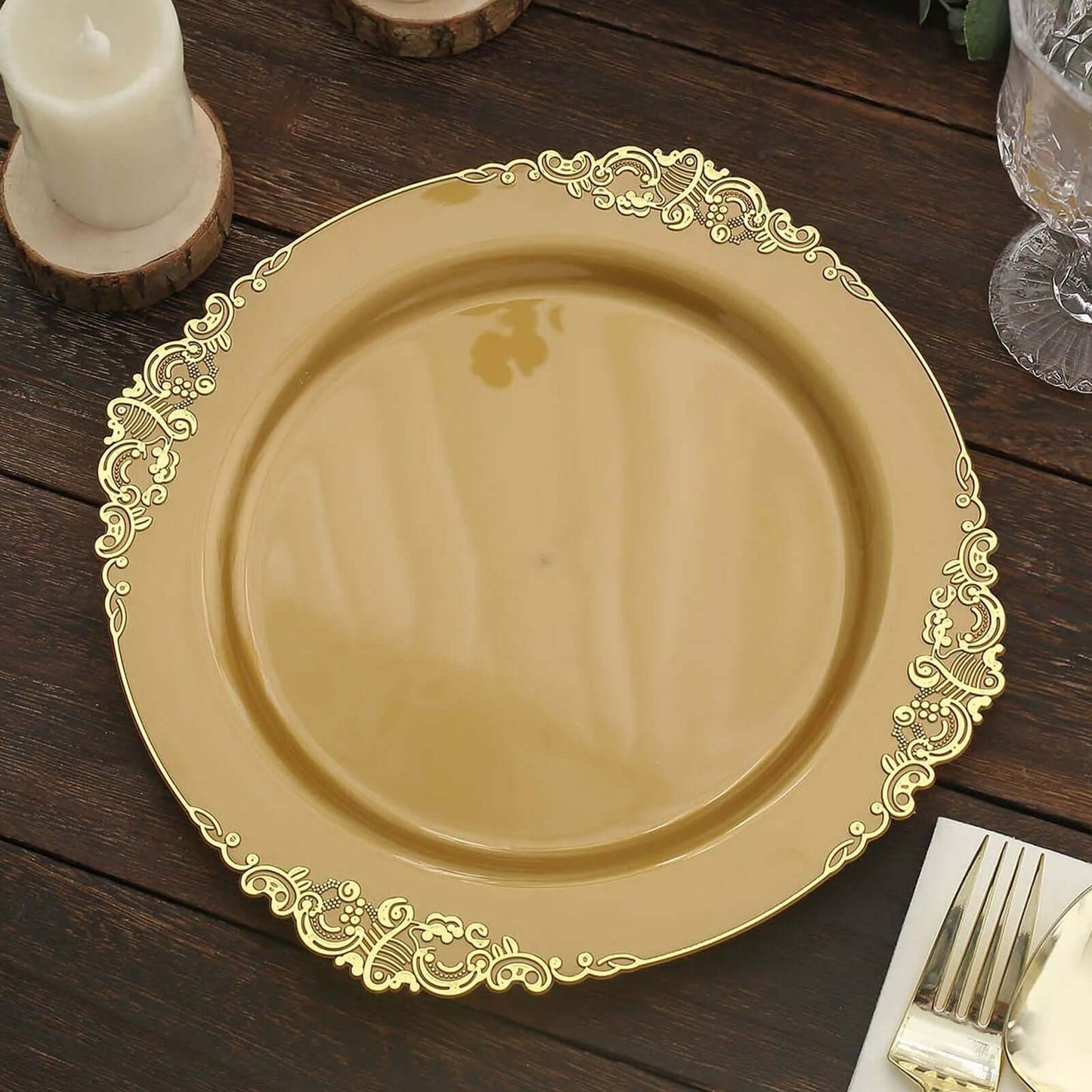 10-Pack Plastic 10" Round Dinner Plates in Gold with Leaf Embossed Rim - Disposable Vintage Baroque Style Plates for Luxurious Gatherings & Events