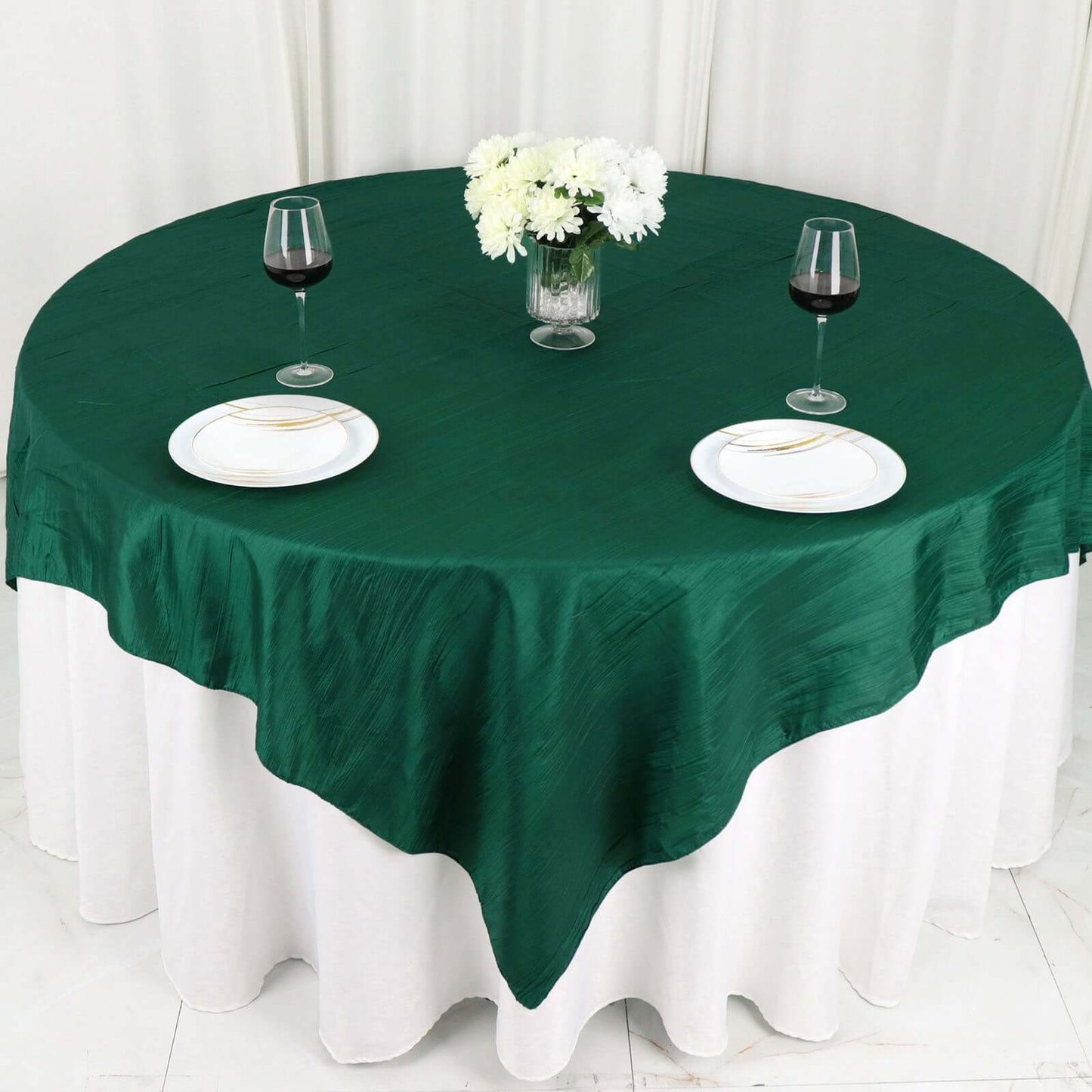 Taffeta 72"x72" Table Overlay Square Tablecloth Hunter Emerald Green - Accordion Crinkle Table Cover
