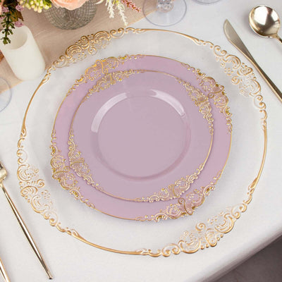 10-Pack Plastic 8" Round Dessert Plates in Lavender Lilac with Gold Leaf Embossed Rim - Disposable Vintage Baroque Style Salad Plates