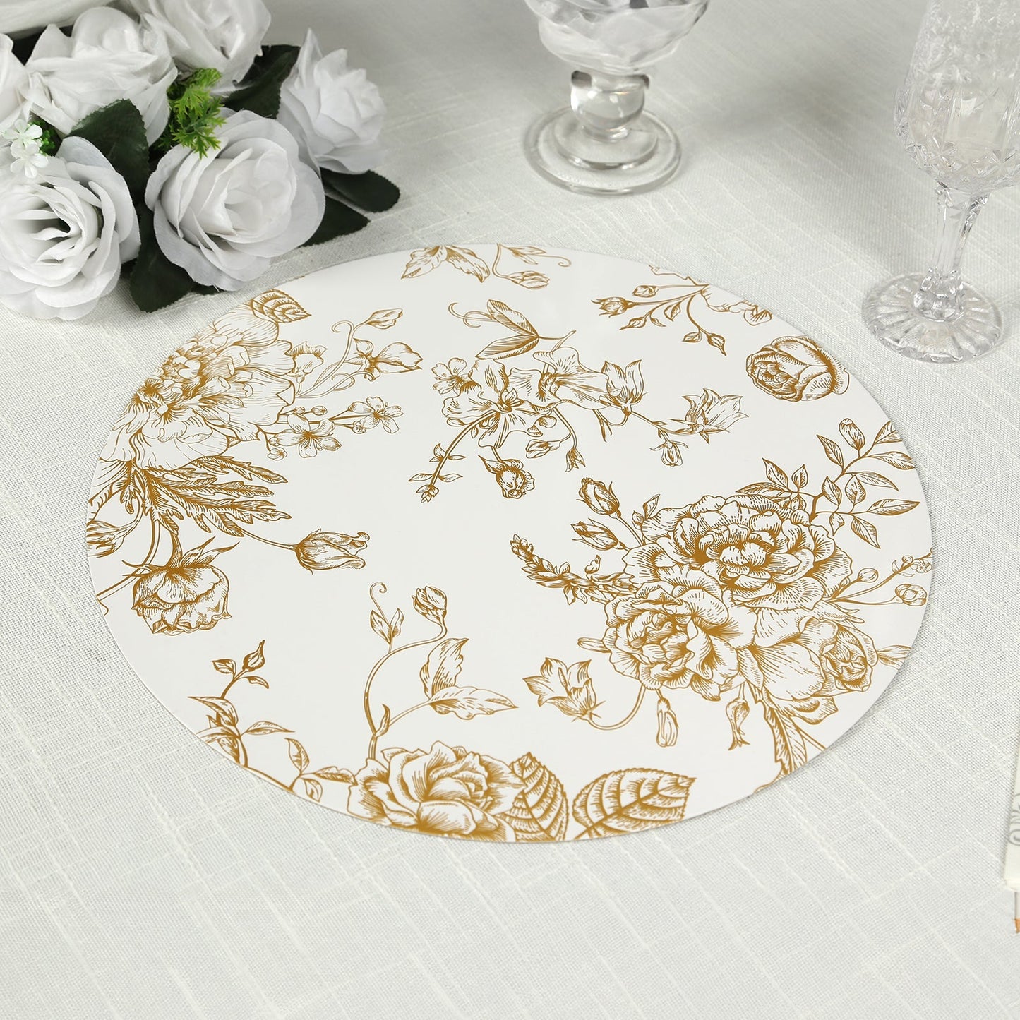 6-Pack Disposable Table Placemats in French Toile Print 13" in White/Gold - Chic Floral Cardboard Placemats for Stylish Table Setting