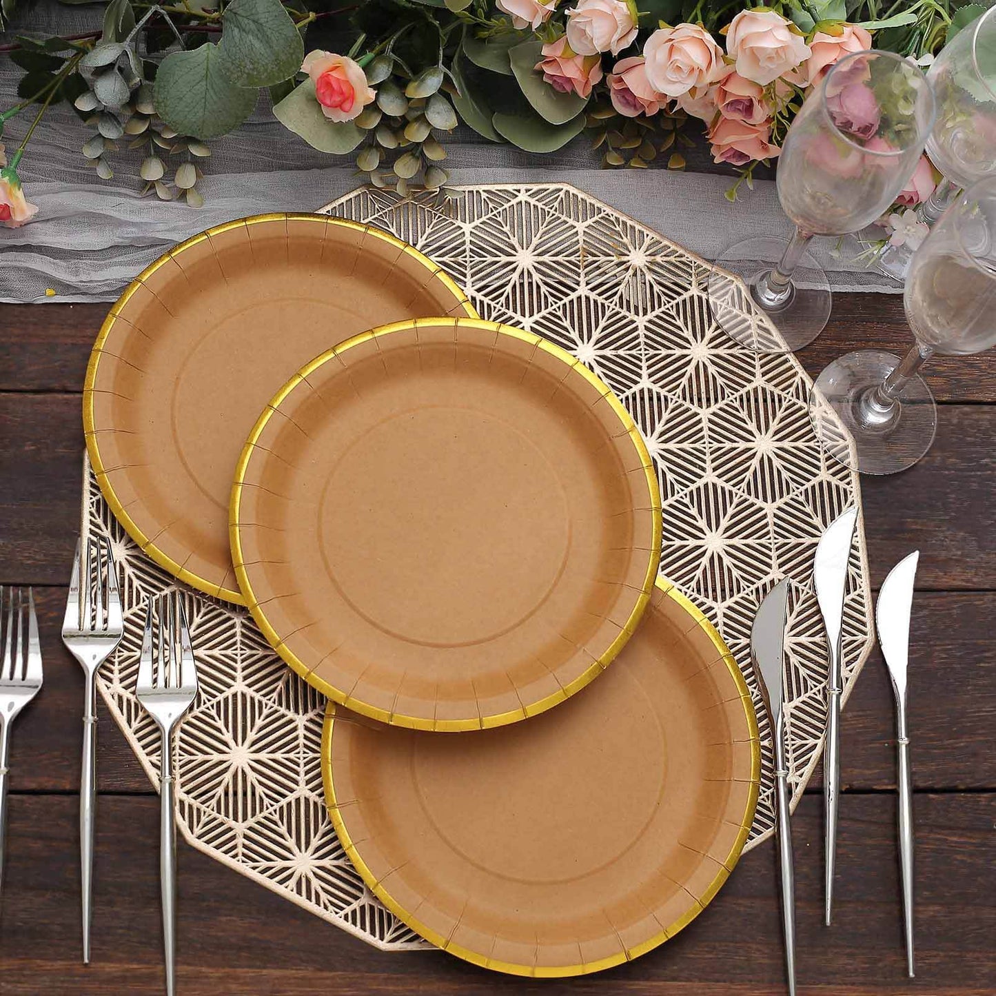25-Pack Kraft Paper 8" Round Dessert Plates in Natural Brown with Gold Lined Rim - Disposable Salad Appetizer Plates for Rustic & Vintage Inspired Events