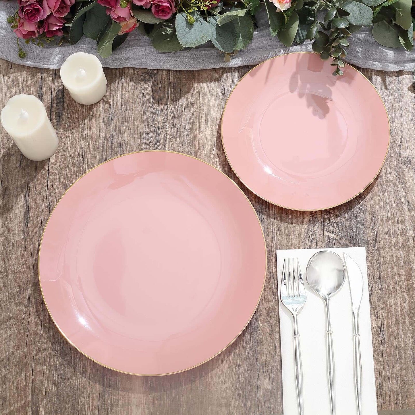 10-Pack Plastic 10" Round Dinner Plates in Dusty Rose with Gold Rim - Glossy Disposable Party Plates