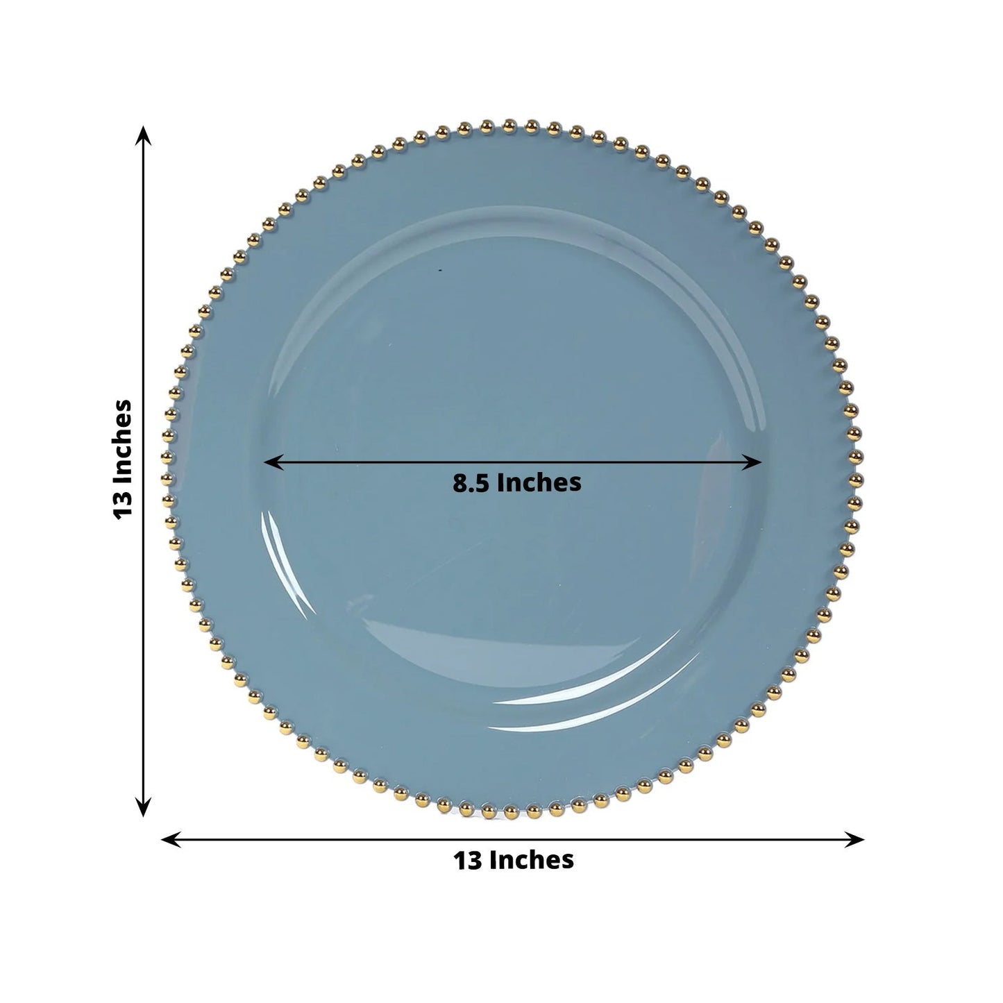 10-Pack Economy Round Plastic Charger Plates 13" in Dusty Blue with Gold Beaded Rim, Stylish Dinner Party Serving Plates