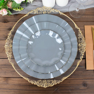 10-Pack Plastic 11" Round Dinner Plates in Dusty Blue Ruffled Rim with Gold Edging - Sturdy Disposable Dinnerware