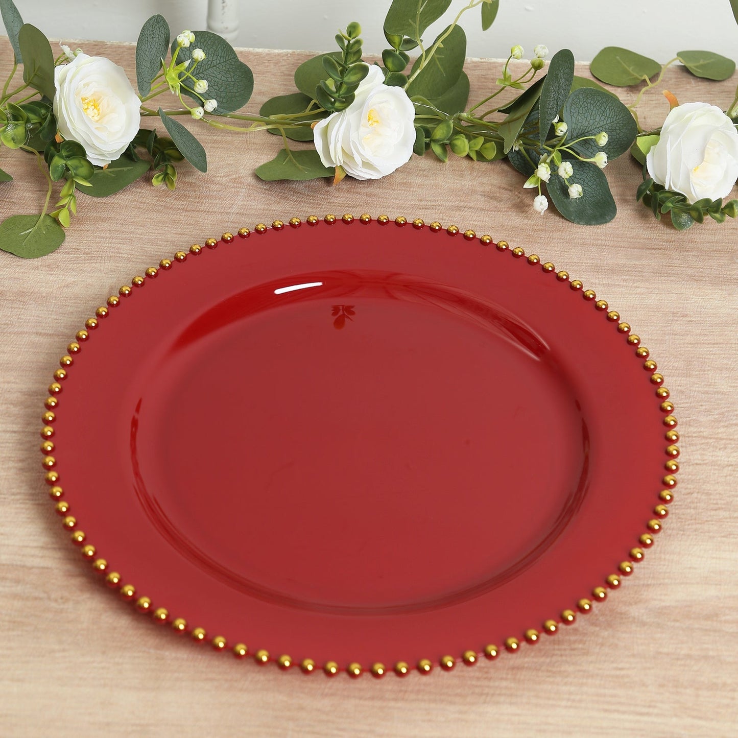 10-Pack Economy Round Plastic Charger Plates 13" in Red with Gold Beaded Rim, Stylish Dinner Party Serving Plates