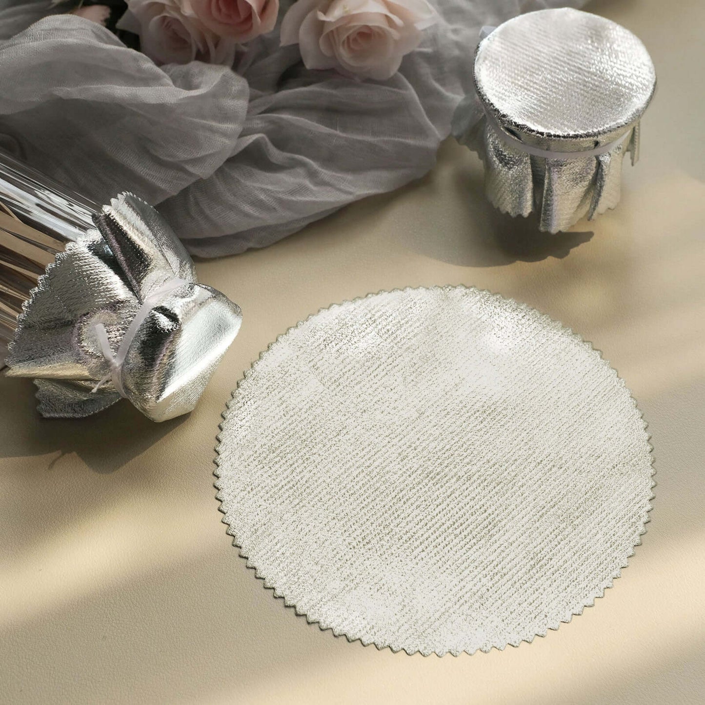 6-Pack Jar Covers Metallic Silver Round Lame Fabric Design with Satin Tie String - DIY Party Favors & Craft Supplies 6"