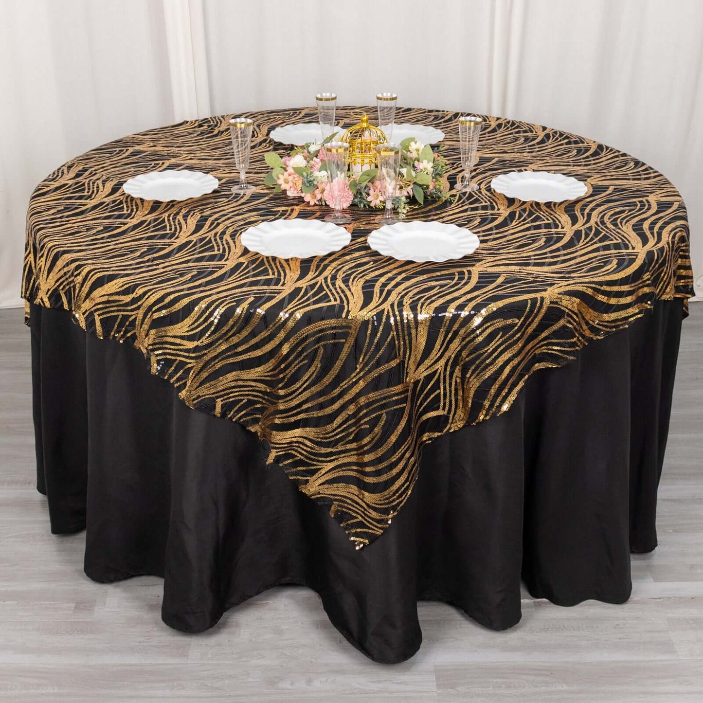 Mesh 72"x72" Table Overlay Square Tablecloth Black Gold - Wave Embroidered Sequins Table Topper