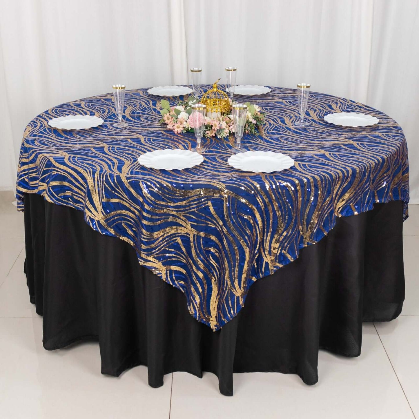 Mesh 72"x72" Table Overlay Square Tablecloth Royal Blue - Wave Embroidered Sequins Table Topper