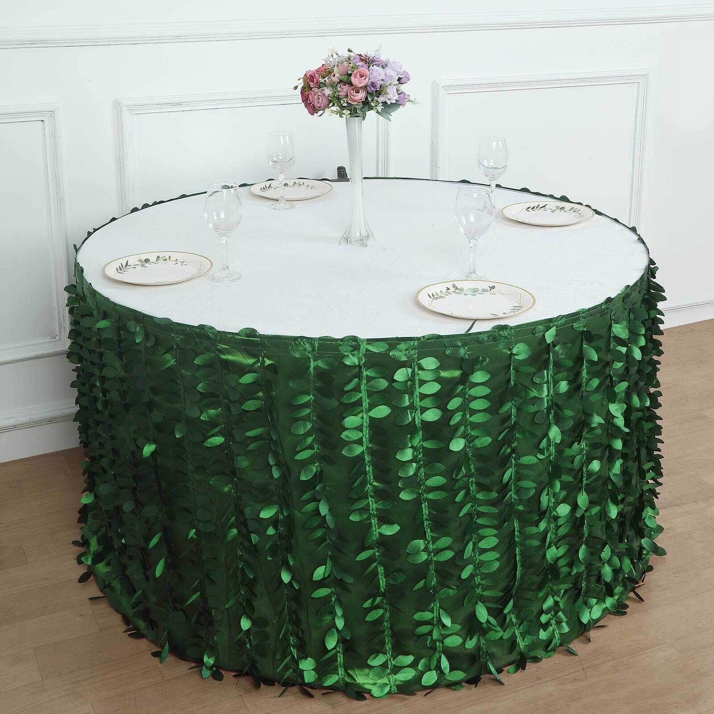 Taffeta Fabric 14ft Table Skirt Green 3D Leaf Petal Design - Exquisite & Stylish Event Table Cover