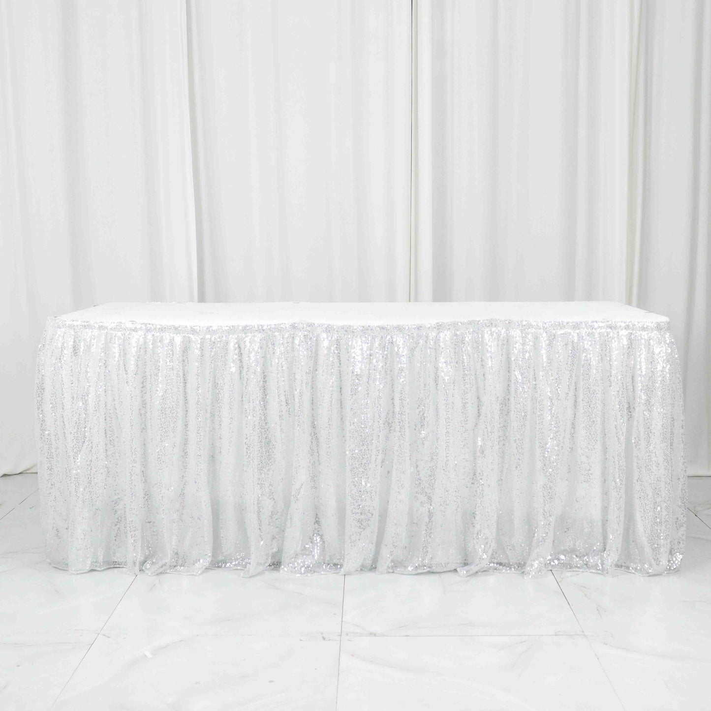Sequin 17ft Table Skirt Silver - Pleated Satin With Top Velcro Strip