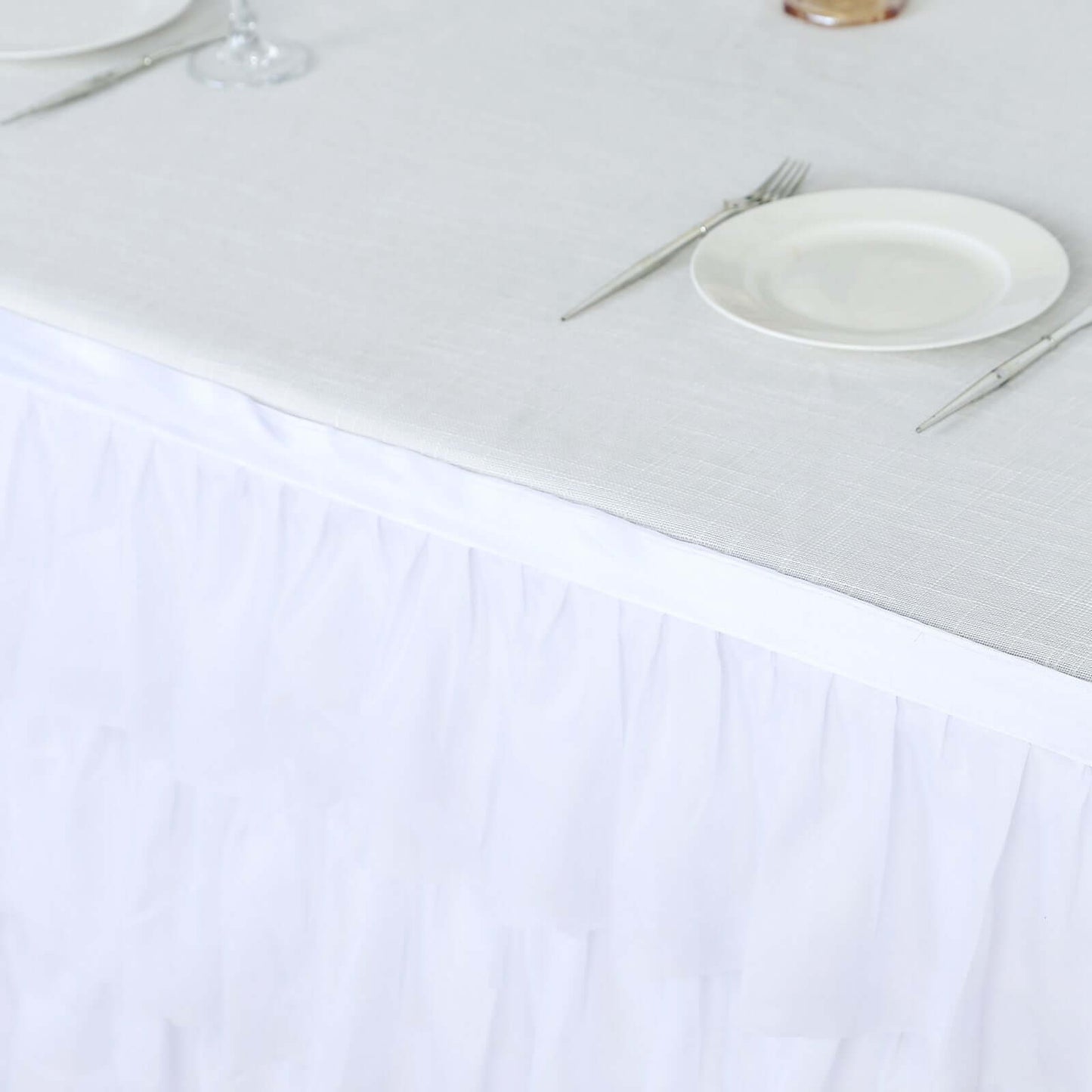 Chiffon 14ft Table Skirt White - 5-Tier Ombre Ruffled Tutu Table Cover with Satin Backing for Sophisticated Events