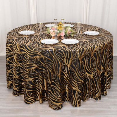 Sequin Mesh 120" Round Tablecloth Black/Gold - Seamless Wave Embroidered Table Cover
