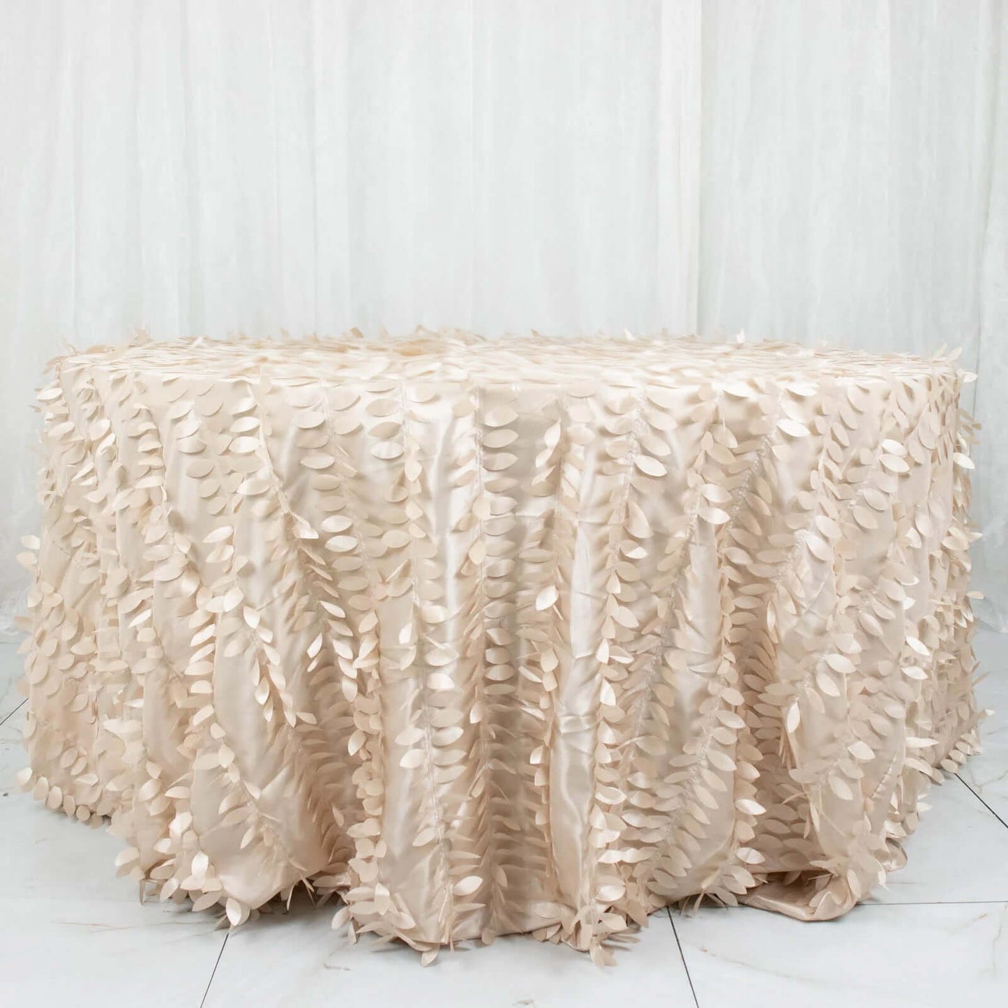 Taffeta 132" Round Tablecloth Beige | 3D Leaf Petal Design Seamless Table Cover
